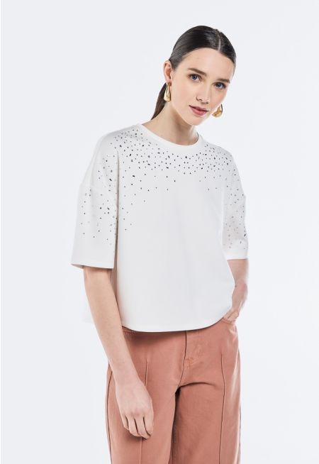 Drop Shoulder Crystal Embellished Top