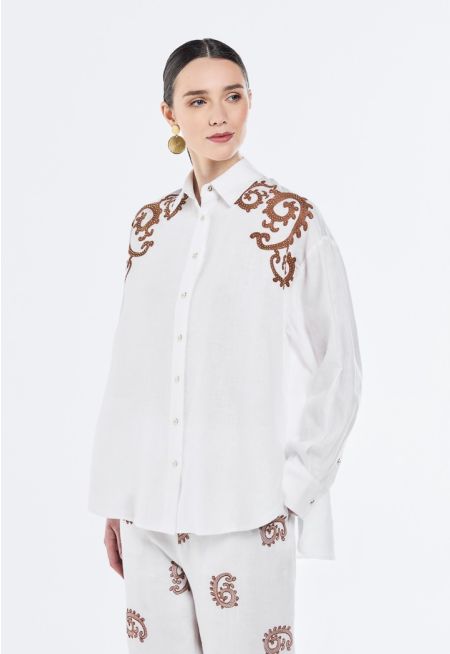 Embroidered Beaded Linen Shirt