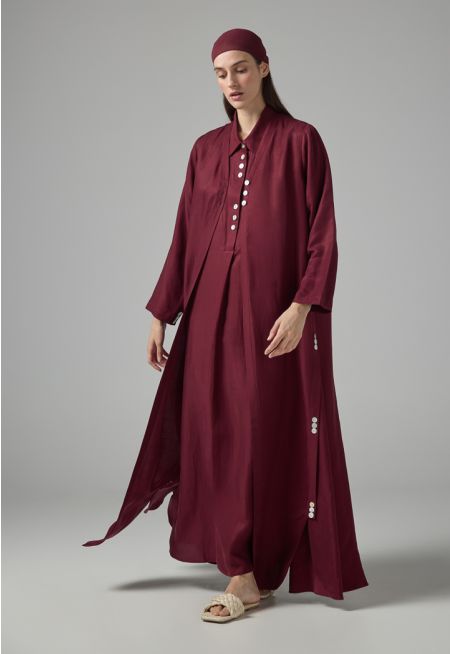 Solid Oversized Maxi Belted Abaya With Hijab