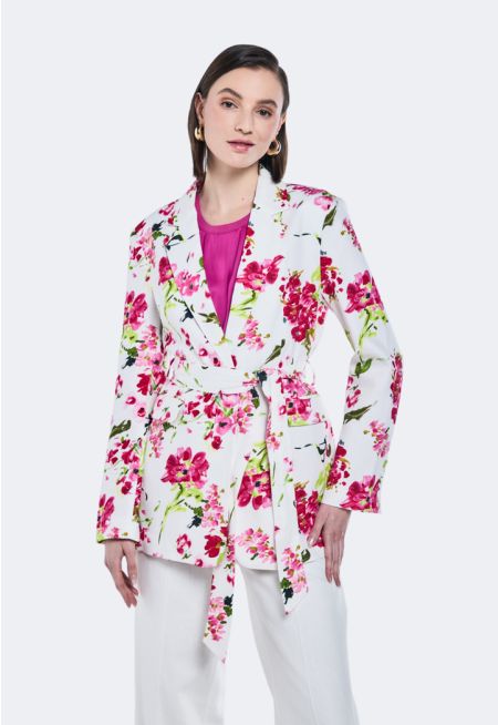 Printed Belted Linen Blazer