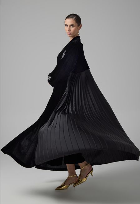 Bead Embellished Pleated Velvet Abaya