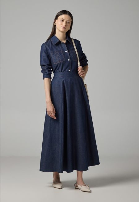 Solid Flared Denim Skirt