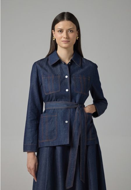 Solid Front Pockets Belted Jacket