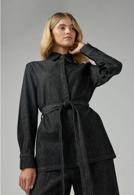Solid Belted Denim Shirt 
