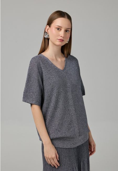 Short Sleeves Knitted Lurex Blouse