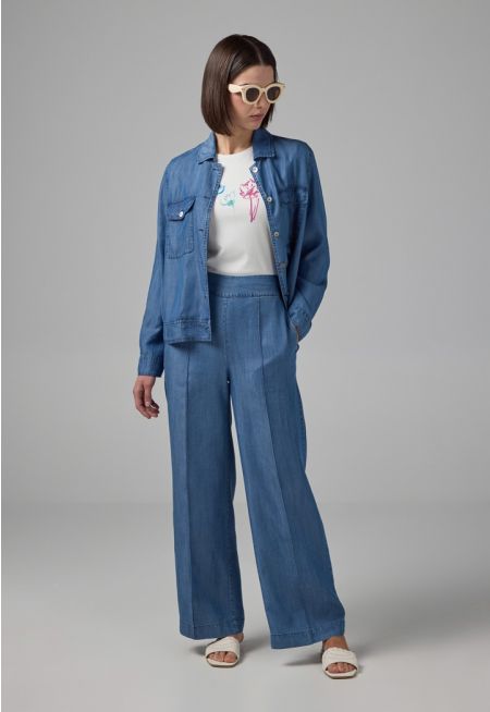 Pin Tuck At Front Wide Leg Denim Trousers