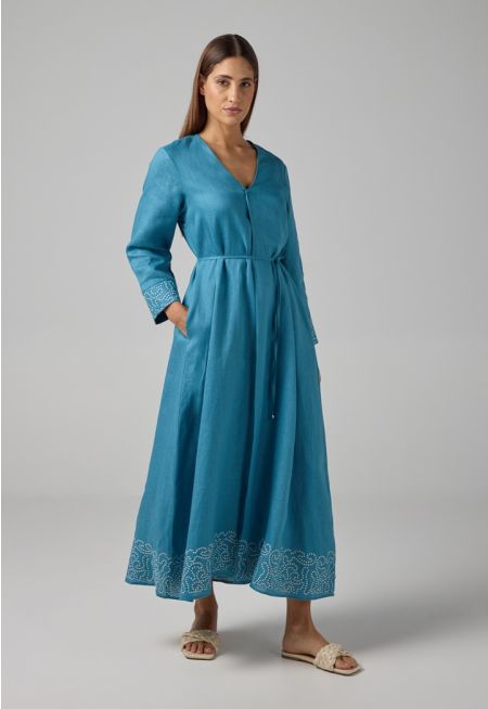 Solid V-neck Linen Dress