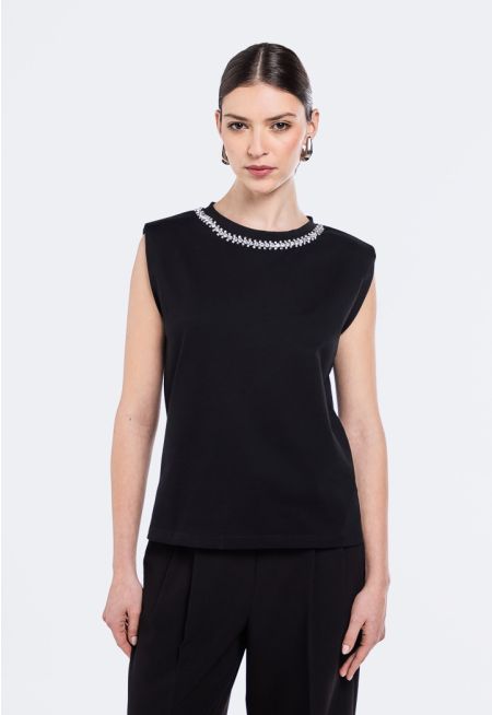 Crystal Embellished Top With Shoulder Pad