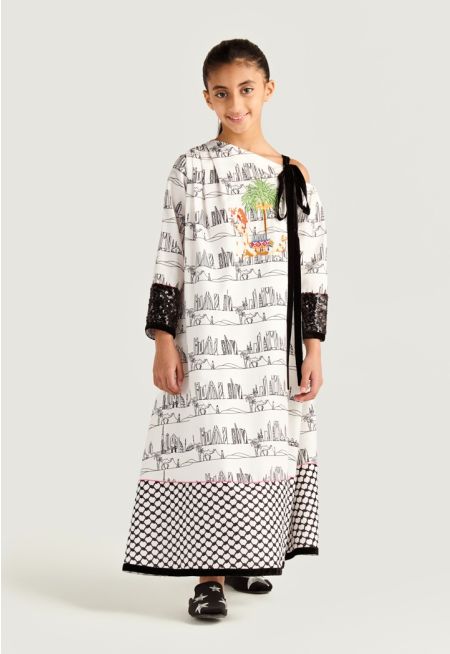 Printed Sequin Tie Details Dress