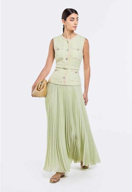 Sleeveless Tweed Pleated Dress