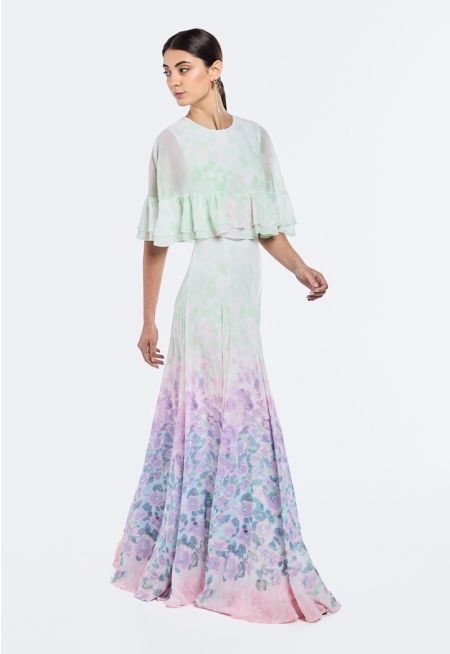  Printed Ombre Dress With Attached Cape