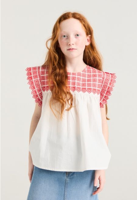 Contrast Embroidered Top