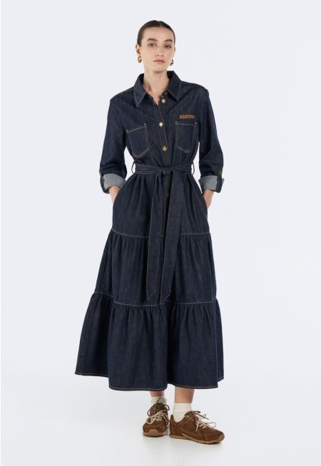 Tiered Belted Denim Dress