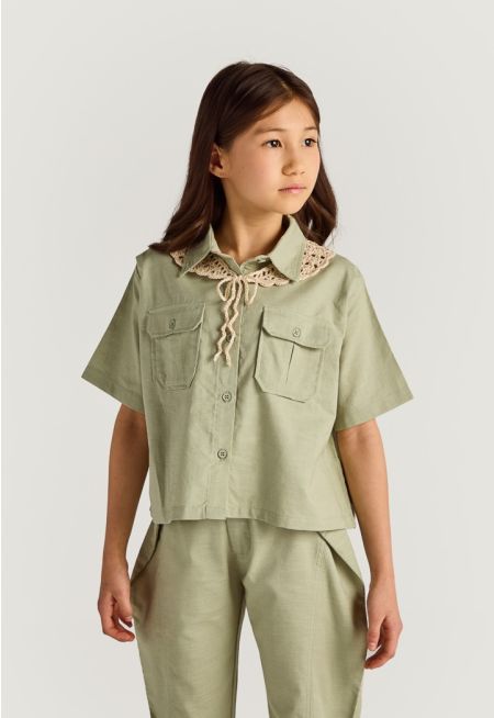 Crochet Collar Linen Shirt