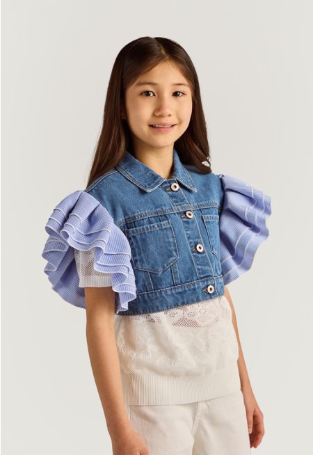 Ruffled Striped Sleeves Denim Jacket