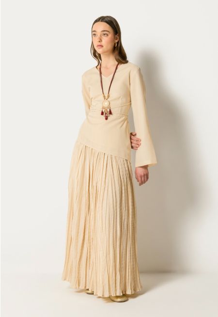 Tie Waist Top and Crinkled Skirt Set (2PCS)