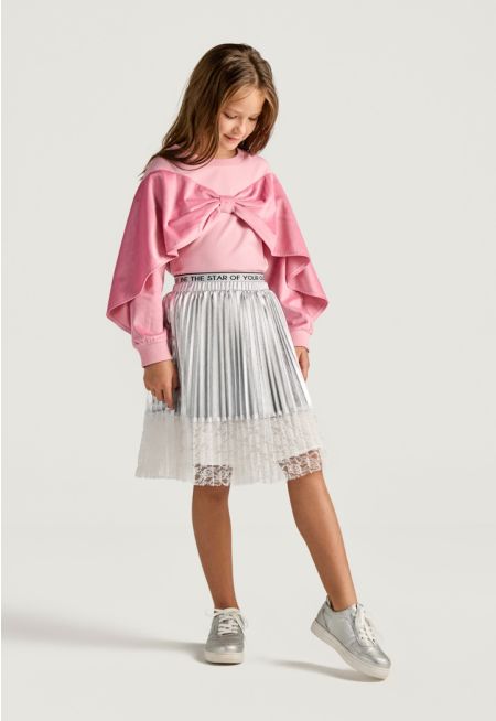 Metallic Pleated Lace Hems Skirt