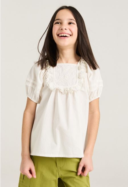 Embroidered Ruffled Bodice Top