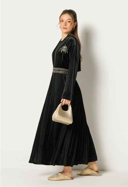 Velvet Palm Embellished Kaftan Set (2PCS)